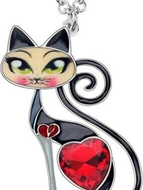 NEW Cat Necklace Enamel Alloy Chain Pendant Colorful Standout Jewelry w Heart